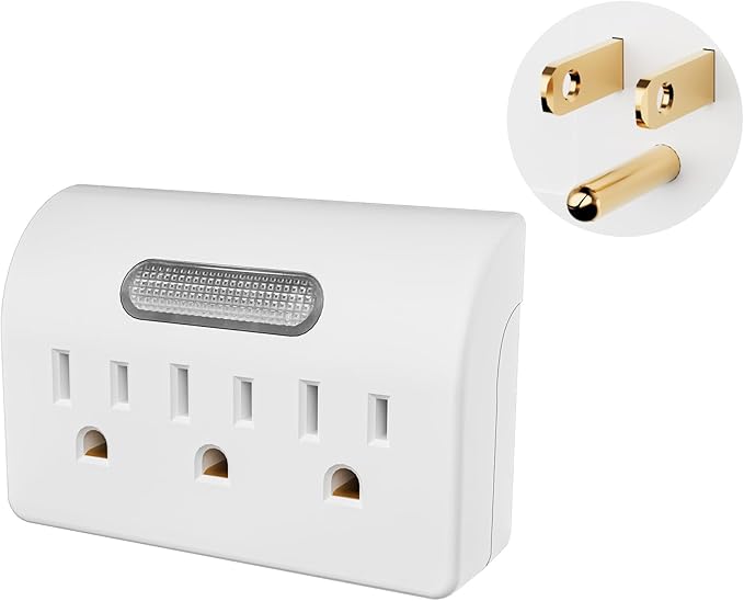 3-Outlet Extender, 3-Prong Grounded Wall Tap Adapter with LED Guide Light, 1875W Multiple Plug Electrical Outlets Splitter for Home, Office, Hotel, Travel, Cruise Essentials, ETL Listed, White