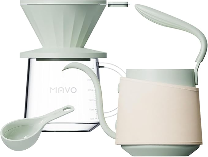 Pour Over Coffee Maker Set, Pour Over Kettle, Coffee Dripper, Glass Coffee Server with Scale, Stainless Steel Filter (Green)