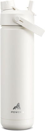 POWCAN 26 oz Insulated Water Bottle with 2-in-1 Straw and Spout Lid, Keep Cold 24H, Leak-Proof, Fits in Car Cup Holder, Stainless Steel Water Bottle for Sports, Travel, Gym, and School (Ivory)