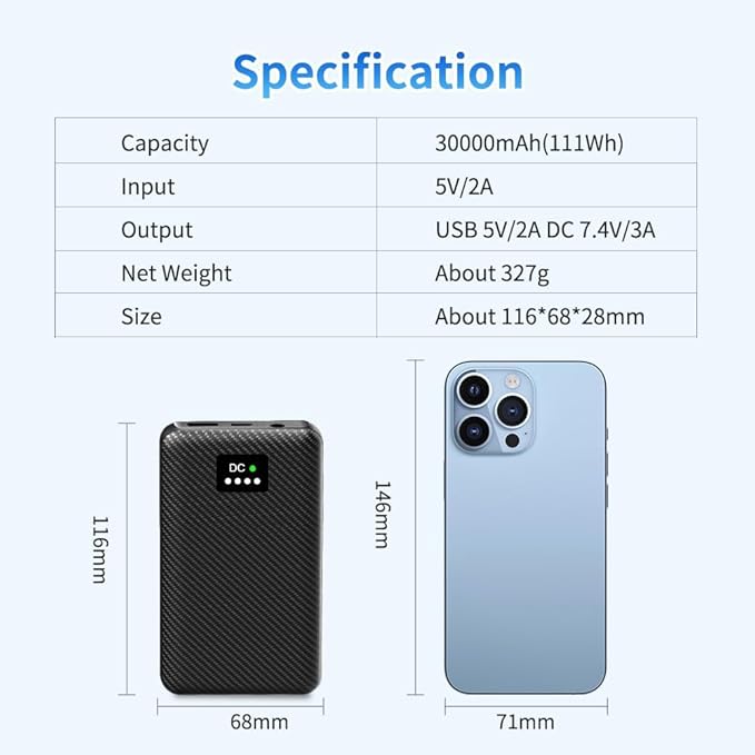 30000mAh Heated Vest Battery Pack 7.4V/5V, Heating Vest Portable Charger with DC and USB Output Ports, Power Bank for Heated Jacket, LED Display Battery Pack for Heated Vest