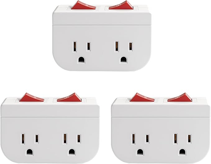 Oviitech Grounded Outlet Wall Tap Adapter with Red Indicator On/Off Power Switch (3 PK/Double Switch)