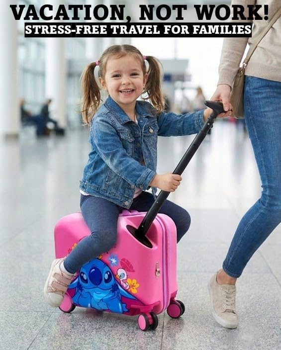 Fast Forward Stitch 2-in-1 Kids 18" Suitcase & Ride-On Luggage - Lightweight Tow-Along Toddler Luggage with Wheels