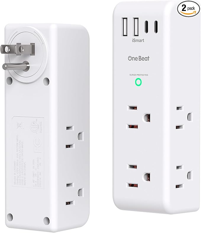 Surge Protector Outlet Extender with Rotating Plug, 6 AC Multi Plug Outlet with 4 USB Ports (3 USB C), 1800 J, 3-Sided Swivel Power Strip with Spaced Outlet Splitter for Dorm Office, White-2 Pack