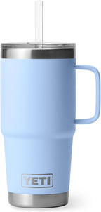 YETI Rambler 25 oz Tumbler with Handle and Straw Lid, Travel Mug Water Tumbler, Vacuum Insulated Cup with Handle, Stainless Steel, Big Sky Blue