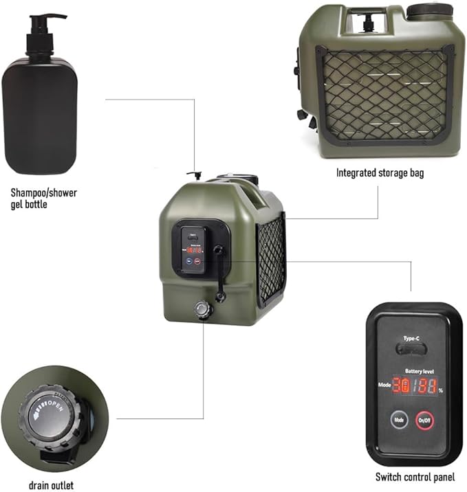 Portable Camp Shower 5-Gallon 2/5/8 Hours Battery Life Cordless Electric Rechargeable Food-Grade Water Tank for Camping Pressure Washer for Garden & Pet Cleaning