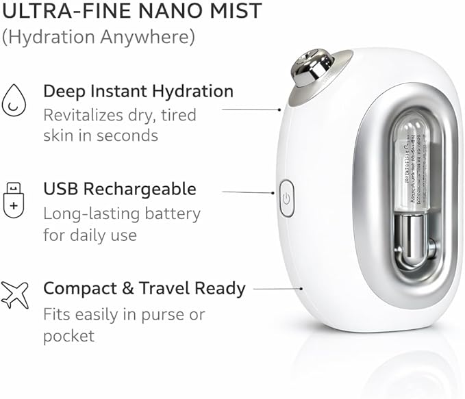 Facial Steamer Nano Mist – Portable USB Rechargeable Face Mister for Hydrated Glowing Skin – Ultra Fine Cold Mist for Makeup Settings, Dry Skin & Travel Beauty Device,
