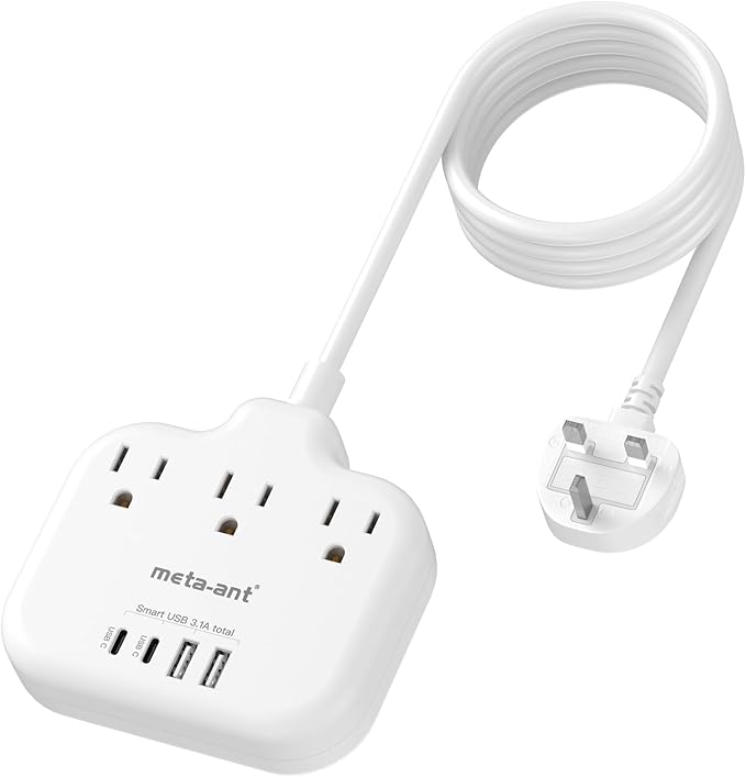 Type G Adapter for Travel,meta-ant US to UK Travel Adapter with 3ft Extension Cord,3 Outlets 4 USB(2 USB-C), Type G UK Ireland Travel Plug Adapter to British Scotland England London Hong Kong Dubai