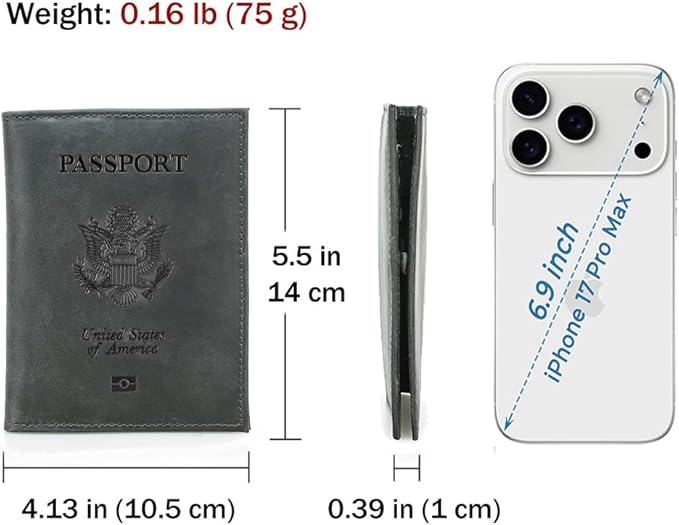 CONTACTS Full Grain Leather Passport Holder RFID Blocking Travel Passport Wallet Compatible with Airtag Passport Cover Case with 4 Cards Slots, Coin Pocket (Badge, Gray)
