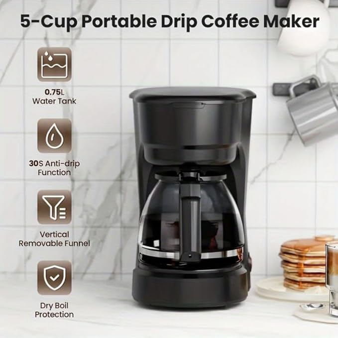Coffee Maker, 5 Cup Drip Coffee Machine with Glass Carafe, Compatible with Ground&Tea Leaves – Portable Small Cafetera for Home, Office, Travel & Camping-Black