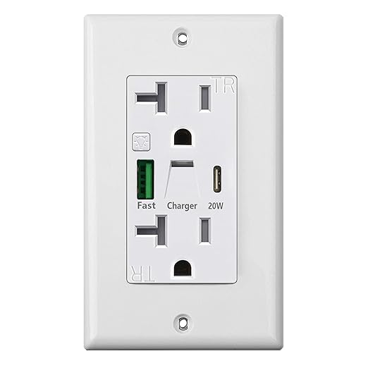 PD USB Outlet with Light,20W Power Delivery USB Receptacle with Night Light, 20A Tamper-Resistant Wall Outlet, Fast Charging Type A & USB-C Charger for Smartphones, Laptops, Tablets (1, White)