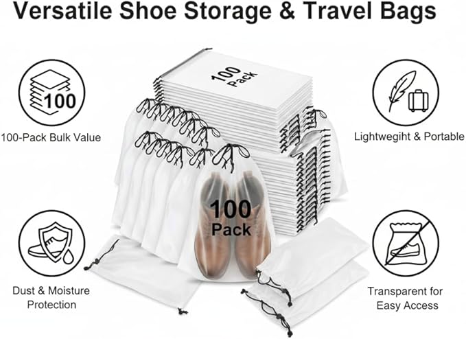 100 Pack Travel Shoe Bags, Waterproof Clear Shoe Storage Bags with Drawstring, Large Portable Shoe Organizer for Packing, 15.7 x 11.8 Inch Travel Essentials for Women and Men (Translucent)