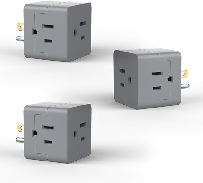 POWERCORDS 3 Power Blocks Outlet Splitter, 3 Pack, Grounded Wall Tap, 3-Prong Plug Adapter AC Multi Plug Wall Outlet, Power Splitter, Cruise Essentials, for Home Office School Dorm, UL Listed,Grey