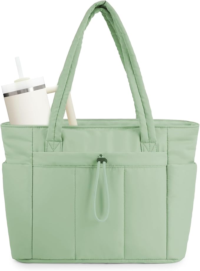 Wandering Nature Puffer Tote Bag with Cup Holder & Laptop Compartment & Trolley Sleeve for Travel, Work, Nurse, Women