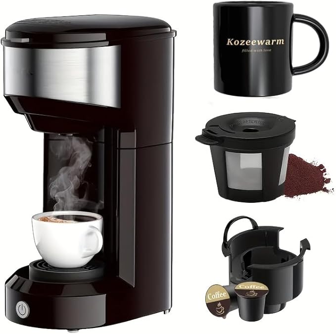 Single Serve Coffee Maker, 2 in 1 Brewer for K Pod & Ground Coffee, 90s Rapid Brew 6 to 14oz Capacities with Auto Shut Off, Small Compact Design for Home Office Travel Camping-Black