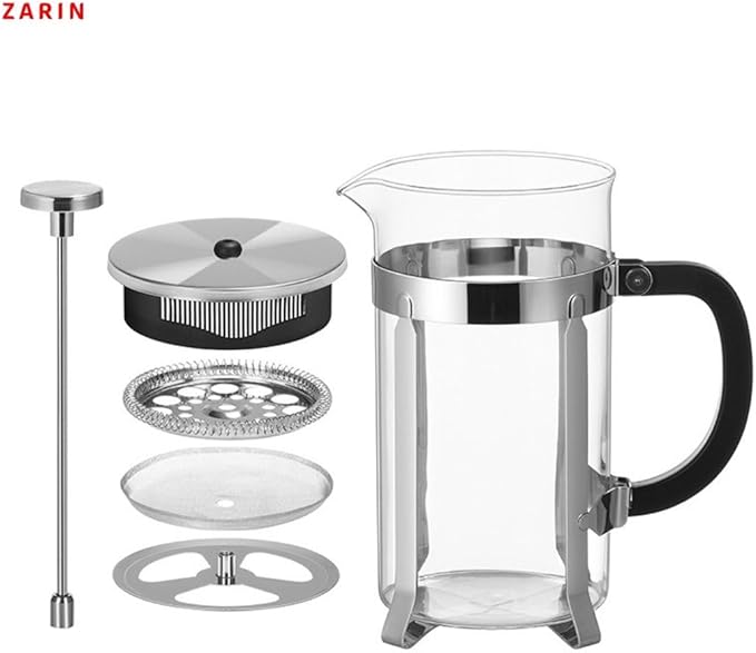 ZARIN 34oz (1L) French Press Coffee & Tea Maker – Borosilicate Glass & Stainless Steel Coffee Brewer with 2 Bonus Filters – Portable Cold Brew & Tea Press, silver color
