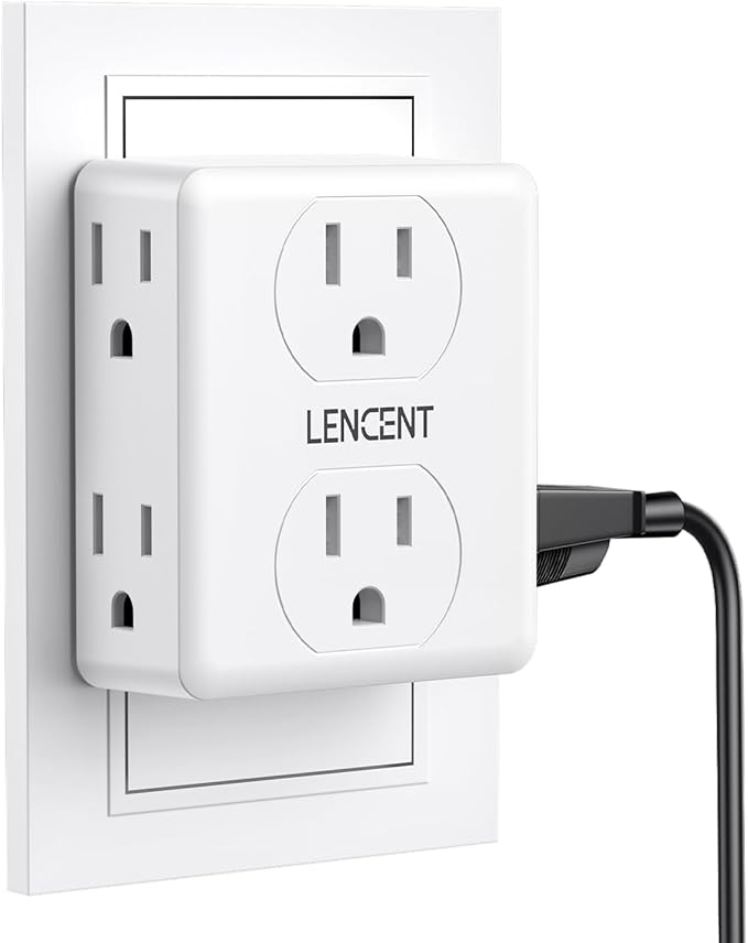 LENCENT 2 to 3 Prong Outlet Adapter, 2 Prong Power Strip, 6 Widely Spaced Outlets Extender, 3-Sided Wall Plug Splitter, 1875W Max, Compact Wall tap for Non-Grounded Outlets in Old House Hotel Dorm