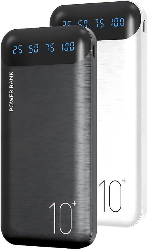 Power Bank 10000mAh Portable Charger Slim Battery Pack with 2 USB 2.4A Outputs and USB C In/Out Compatible with Huawei iPhone 16 15 14 13 12 iPad Samsung Galaxy S20 Android Tablet (Black + White)