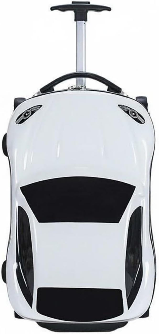 Kids Car Shaped Luggage Telescopic Handle Child's Sit on Suitcase Lightweight 3D Cartoon Car Suitcase for Young Children, Vacation, Airport, White