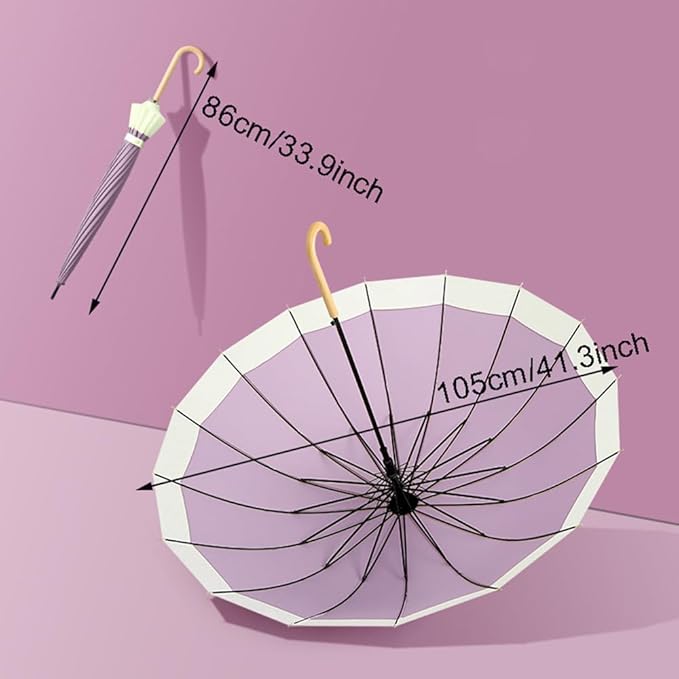 ThreeH Big Beatiful Umbrella with Arc Classic Wood Handle 16 Ribs 48" Windproof Sturdy Stick Rain Umbrella