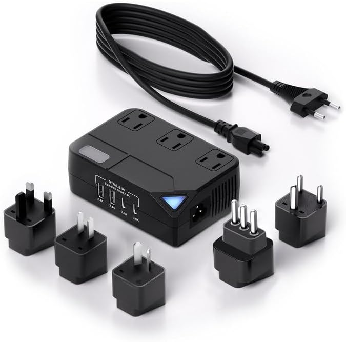 250W Conversion Plug, International Travel Converter with 2 USB and 2 USB-C Ports, lowering 220V to 110V for 100V-240V Areas and Different Countries Plugs Using US Electrical Devices