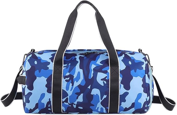 mezhsa Kids Overnight Duffle Bag Girls Boys Sports Gym Bag with Shoe Compartment Wet Pocket Camouflage travel bag (Blue)