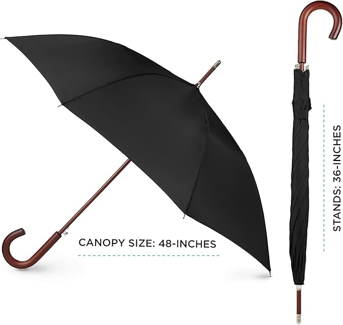 Totes Auto Open Water Repellent Stick Umbrella with Classic Wood J Hook Handle