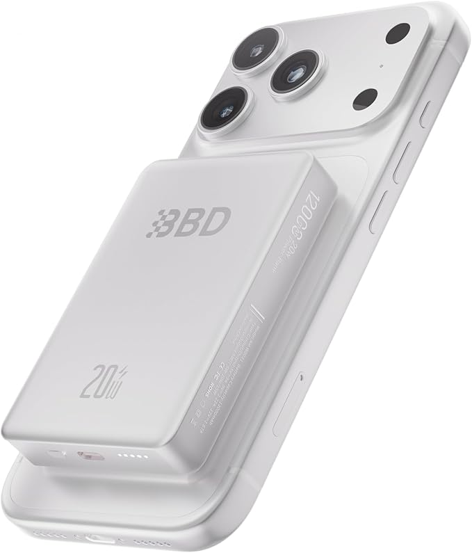 BBD Magnetic Power Bank for iPhone,12000mAh Magsafe Battery Pack with 20w Fast Charging,Slim Magsafe Power Bank USB C in&Out,Wireless Portable Charger for iPhone 17/16/15/14/13/12 Series-Silver