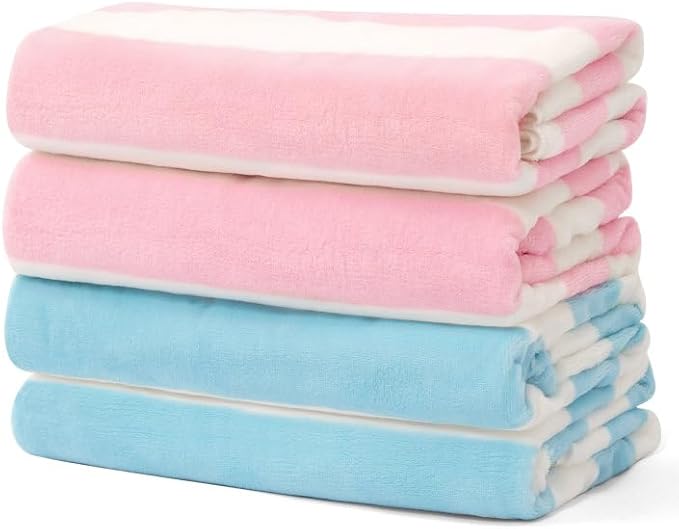 Touchat 4 Pack Cabana Stripe 250GSM Polyester Lightweight Quick-Dry Beach Towel & Blanket Combo- 30'' x 60'' Compact Travel Towel for Pool, Camping, Gym, Yoga | Ultra-Portable, Pink 2Pack + Blue 2Pack