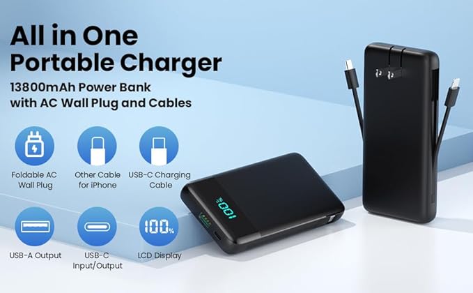 Portable Charger for iPhone with Built-in Cables and Wall Plug,Upgraded 13800mAh Fast Charging USB C Power Bank,4 Outputs Slim Travel Essential Battery Pack for iPhone 17/16/15/14/13,Galaxy,Android