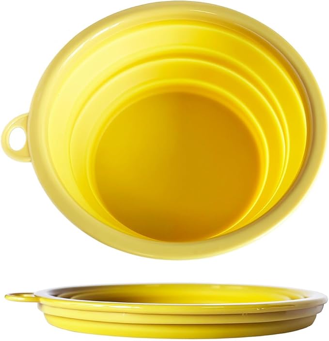 SiliconeSnap Travel Pet Bowl - Collapsible 6.8" Dog Food Dish with Easy Hook Hole, Sun Yellow Washable Feeder