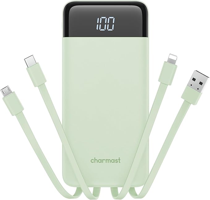 charmast 10000mAh Portable Charger with Built-in Cables, 6 Outputs & 3 Inputs Power Bank, Compact Travel Essential Battery Pack for iPhone 16/15, Samsung S25/S24, Google Pixel, iPad, AirPods & More