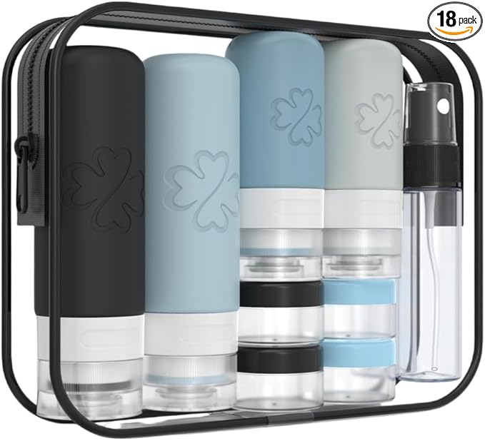 18 Pack TSA Approved Travel Bottles for Toiletries – Leak Proof Silicone Refillable Containers Set with Toiletry Bag, Squeeze Bottles, Spray Bottles & Cream Jars for Shampoo, Conditioner & Lotion