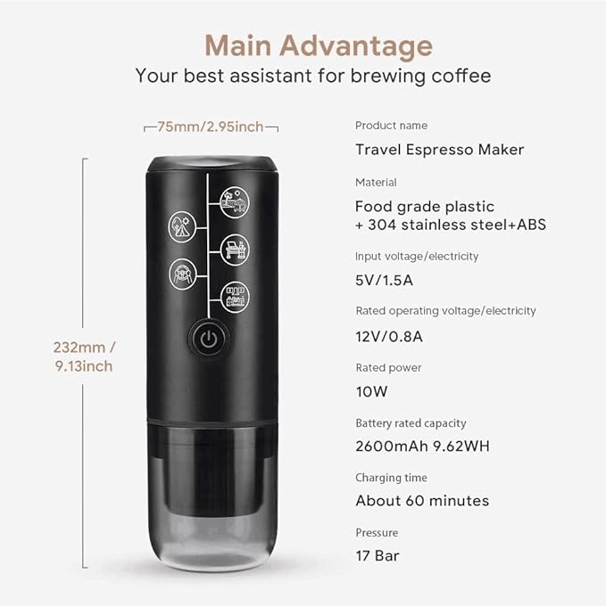 Portable Espresso Machine Mini 12V Rechargeable 3-in-1 Multi-Function Electric Coffee Machine One Key Extraction Compatible with NS & DG Capsules and Ground Coffee for Office Home (Black)