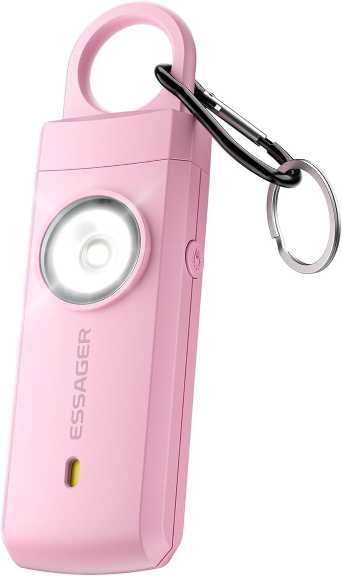 ESSAGER Personal Safety Alarm for Women, 130 dB Self Defense Siren, Rechargeable & Portable with Keychain and Carabiner, Low Battery Notice, LED Strobe Light for Kids, Seniors, College Students(Pink)