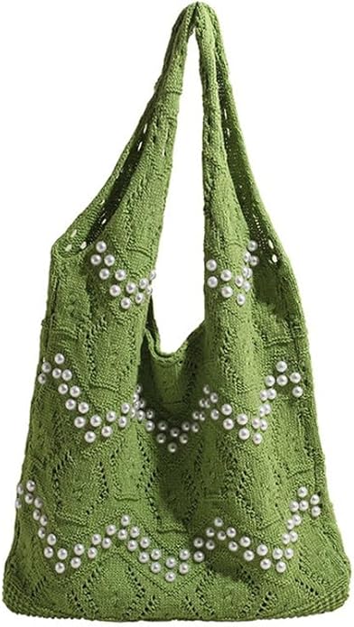 Boho Crochet Beach Tote Shoulder Bag with Colored Beads | Colorful Aesthetic Hippie Knit Bag for Women