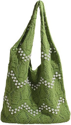 Boho Crochet Beach Tote Shoulder Bag with Colored Beads | Colorful Aesthetic Hippie Knit Bag for Women