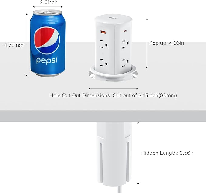 Pop Up Outlet for Countertop,Recessed Power Strip,Power Grommet 3.15 inch Desk Hole Insert,20W USB C,Outlets,2 USB C/2 USB A, Table Outlet,Desk Charging Station,ETL Listed (White, 8AC-6FT)