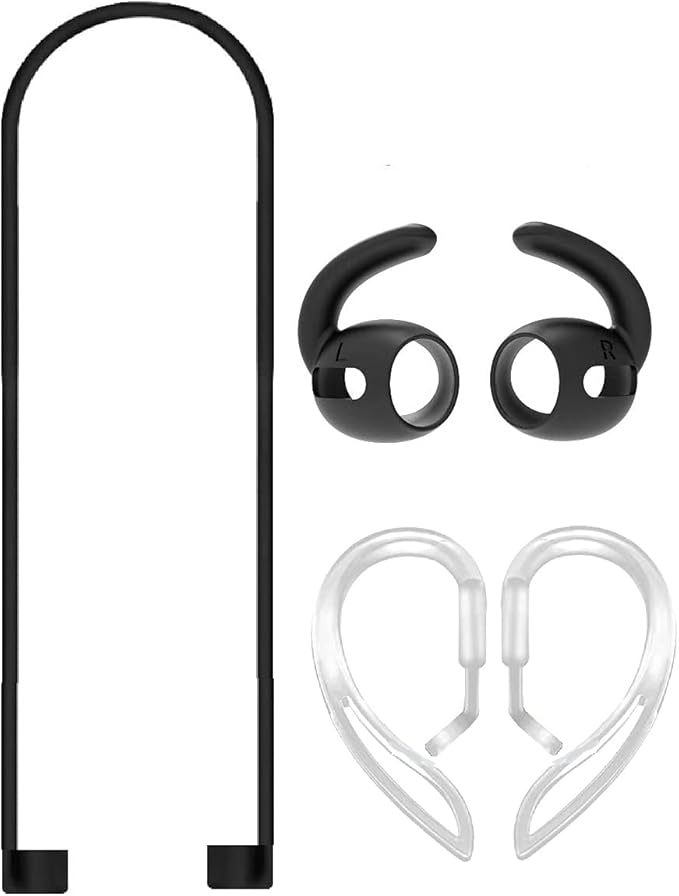 JNSA [Never Lose Your Air Pods Pro] Anti Slip Set, Sport Ear Hook Compatible with Air Pods Pro (Clear)+ Air Pods Pro Earbuds Ear Hooks Cover + Strap Lanyards for Air Pods Pro [3in1],Black