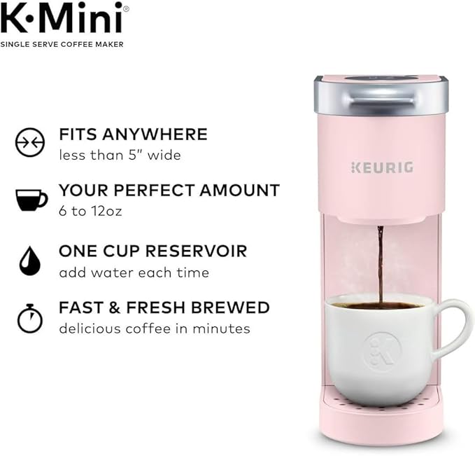 Keurig K-Mini Single Serve Coffee Maker with 6-12Oz Cup Sizes, Quick Brewing, and Removable Drip Tray (Dusty Rose, Renewed)