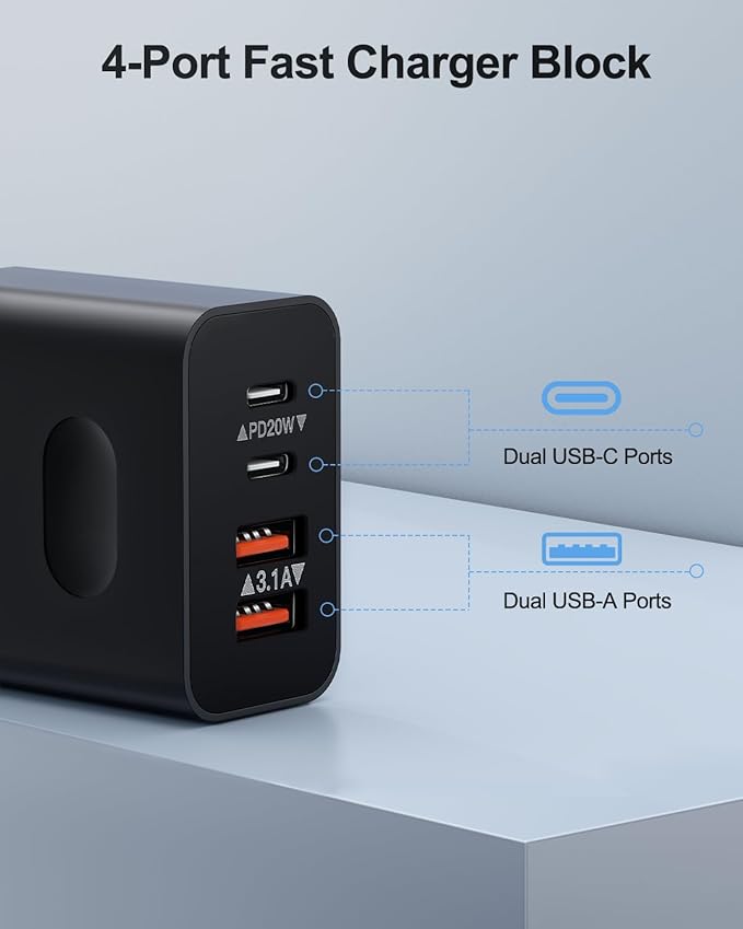 [2-Pack] USB C Charger Block, 40W 4-Port USBC Wall Charger Fast Charging Dual USB-C Power Adapter + Double USB Wall Plug Multiport Type C Brick for iPhone 15 14 13 12 11 Pro Max XS XR, Samsung Cube