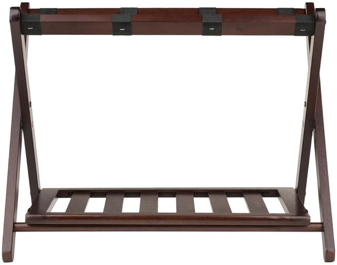 Furnifact Solid Wood Luggage Rack for Guest Room with Foldable Design, Lower Shoe Shelf, Thick Nylon Straps, and Cappuccino Finish, Elegant Suitcase Stand