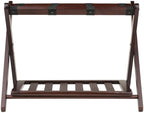 Furnifact Solid Wood Luggage Rack for Guest Room with Foldable Design, Lower Shoe Shelf, Thick Nylon Straps, and Cappuccino Finish, Elegant Suitcase Stand