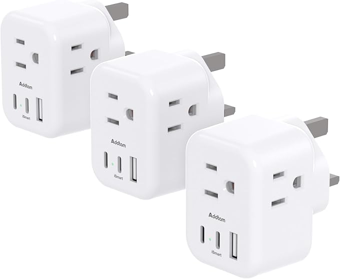 US to UK Plug Adapter 3 Pack, Addtam Type G Travel Plug with 3 Outlets 3 USB Ports(2 USB C), UK Power Adaptor for USA to England London British Ireland Scotland Dubai Hong Kong Kenya