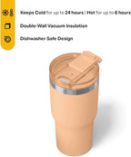 RTIC 20oz Essential Tumbler with Lid, Ceramic Lined, Insulated, Stainless Steel, Metal, Double Wall Vacuum-Insulation, Travel Cup for Iced Coffee, Tea, Hot and Cold Drink, Peach Tea