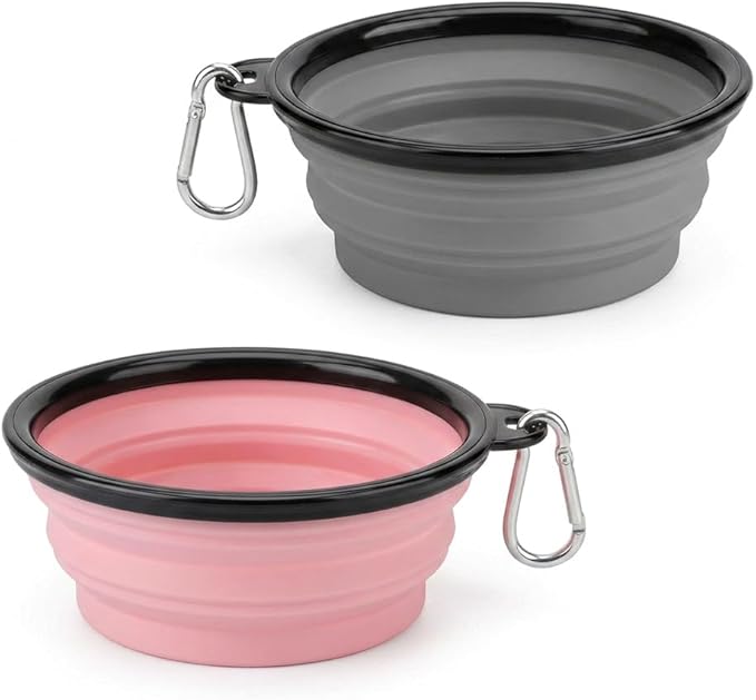 Collapsible Dog Bowls for Travel, 2-Pack Dog Portable Water Bowl for Dogs Cats Pet Foldable Feeding Watering Dish for Traveling Camping with Carabiners, BPA Free (Grey&Pink, Large)