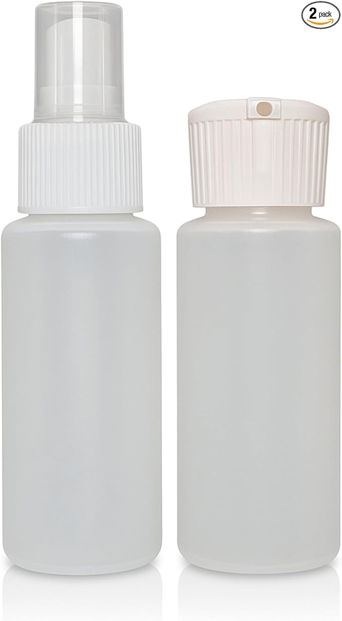 2-Pack 2oz Travel Bottles – Fine Mist Spray & Flip-Top Bottle Set – TSA Approved, FDA Compliant, Chemical Resistant, Leak-Proof, Refillable for Toiletries, Skincare, and DIY Essentials
