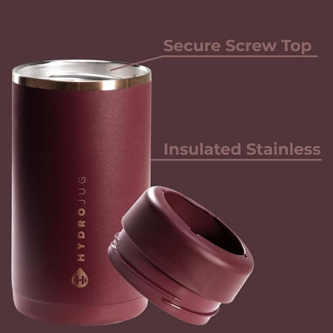 HydroJug Slim Can Cooler - 2-in-1 Insulated Can Cooler Cup - Stainless Steel Slim Can Holder with Non-Slip Rubber Base - Screw-Top Lid - Dishwasher Safe - 12oz, Merlot