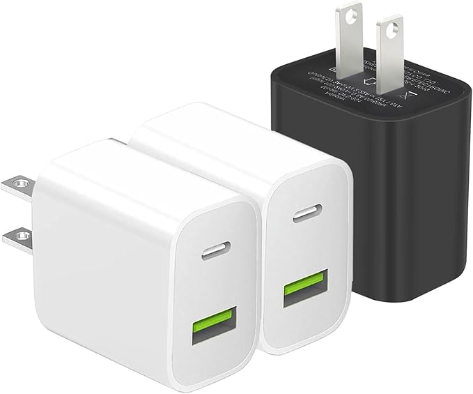 3 Pack USB C Charger Block, Dual Port Type C Wall Charger Fast Charging 20W Power Adapter Cube for iPhone 14/14 Pro/14 Pro Max/14 Plus/13/12/11, XS/XR/X, iPad, Samsung, More
