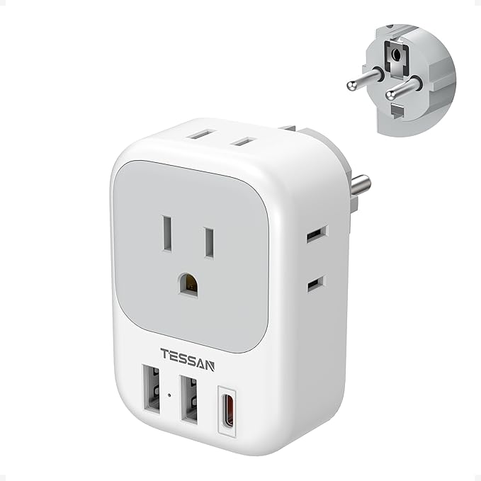 TESSAN Type E F Plug Adapter, Germany France Power Adapter with 3 USB Ports (1 USB C 20W), 4 AC Outlets Travel Adaptor for US to Europe EU Spain Iceland Korea Portugal Greece Russia German French