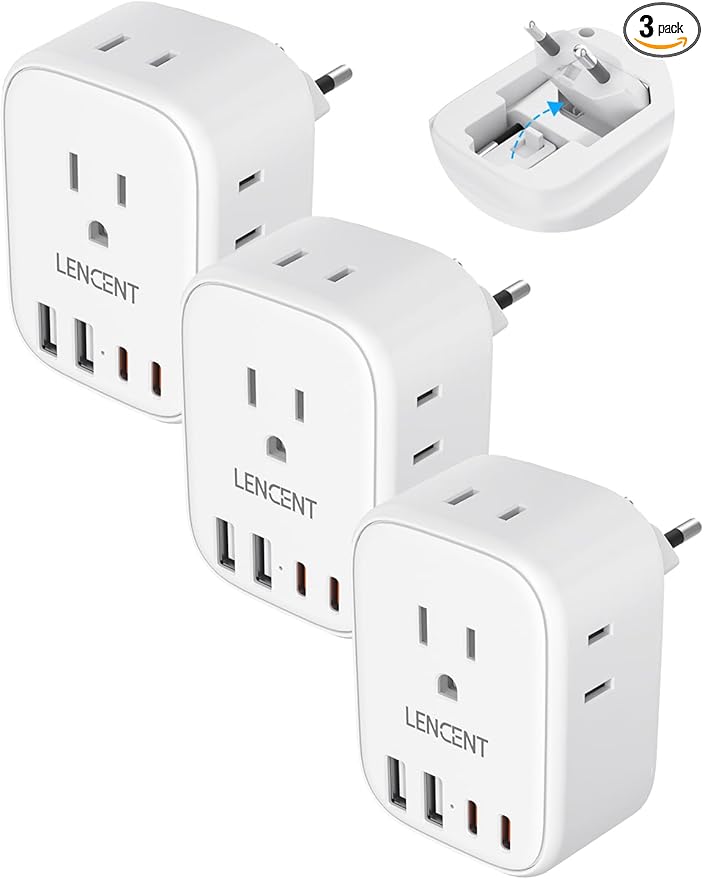 LENCENT 3 Pack European Travel Plug Adapter,US to Europe Type-C Foldable Power Plug with 4 Outlets 4 USB Ports (2 USB C), International Power Adapter for USA to EU Euro Iceland Spain Italy France